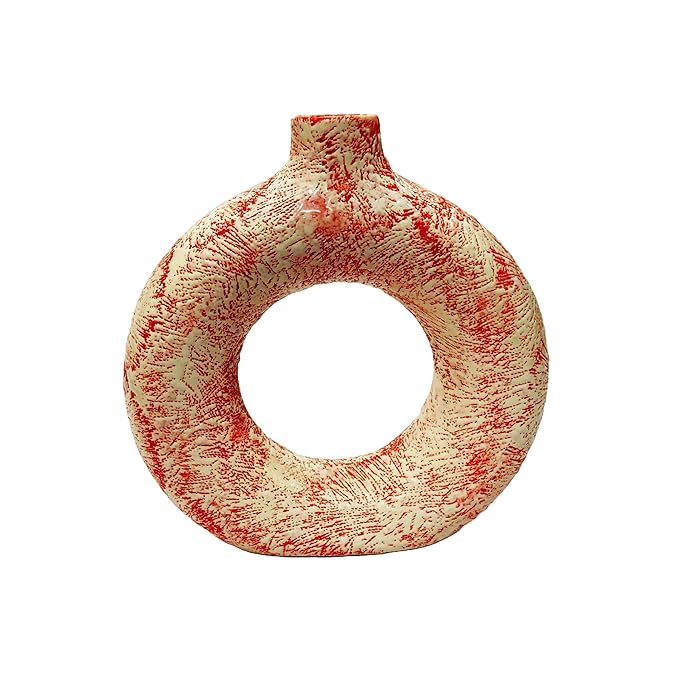  Glossy Textured Decorative Donut Shaped Vase for Home Decor, Table Decor, Size : 7 Inches (Red White Texured)