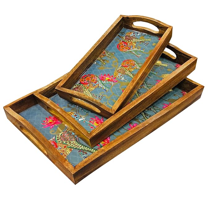 Decorative Mango Wood Serving Tray Set, Hand-Crafted Meenakari Design Enamel Coated, 3-Piece Set with Handles, Multipurpose Tiered Tray Set, Home & Dinning Table Decor (Blue)