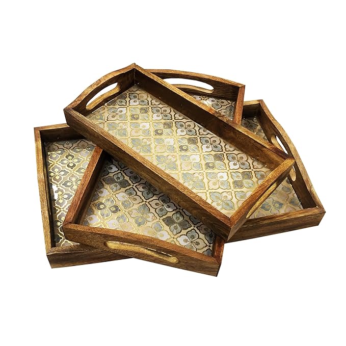  Decorative Mango Wood Serving Tray Set, Hand-Crafted Meenakari Design Enamel Coated, 3-Piece Set with Handles, Multipurpose Tiered Tray Set, Home & Dinning Table Decor (Off-White)