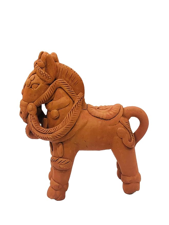  Terracotta Horse Figurine for Home & Garden Decor, 7 Inches, Natural, Handcrafted Decorative Animal Statue (Pack of 2)