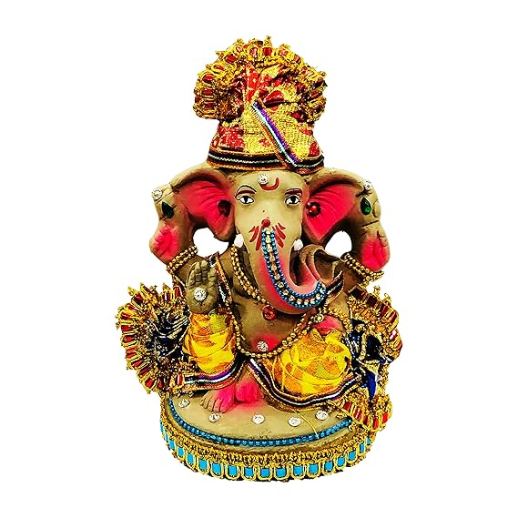7 Inches Bejeweled Eco Friendly Handcrafted Clay Mud Ganpati Murti Biodegradable Kacchi Mitti Ganesha Water Soluble Ganesh Idol for Ganpati Visarjan (Multicolor)