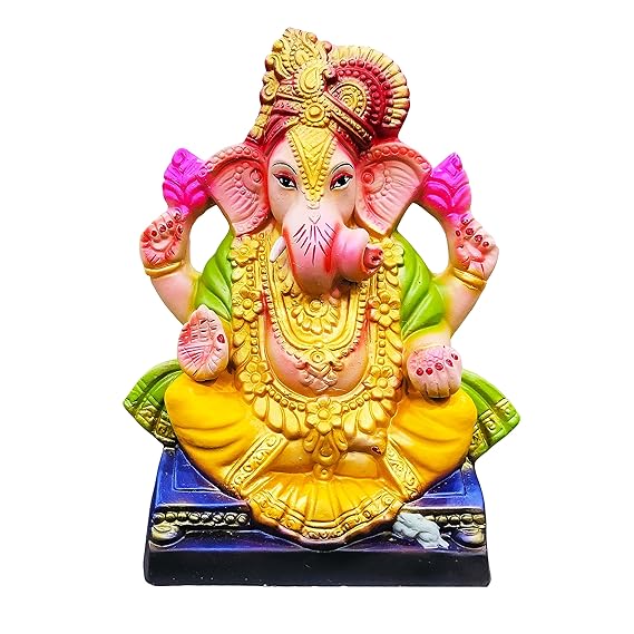 Eco Friendly Handcrafted Clay/Mud Dagdusheth Ganpati Murti Biodegradable Kacchi Mitti Ganesha Water Soluble Ganesh Idol for Ganpati Visarjan (Size: 12 Inches., Multicolor)