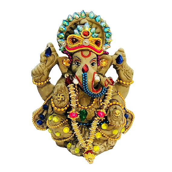 Eco Friendly Biodegradable Ganesha Idol, Bejeweled Mitti Ganpati Statue for Visarjan at Home, Water Soluble Clay Idol (Size : 4.5 Inches. Small) (Multicolor - D2)