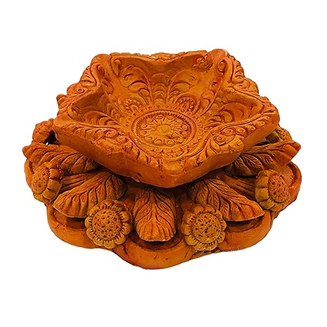 Traditional Terracotta Big Panchmukhee Diya, Decorative Clay Oil Lamp with Floral Design for Diwali and Home Decoration,17.8 cm Diameter