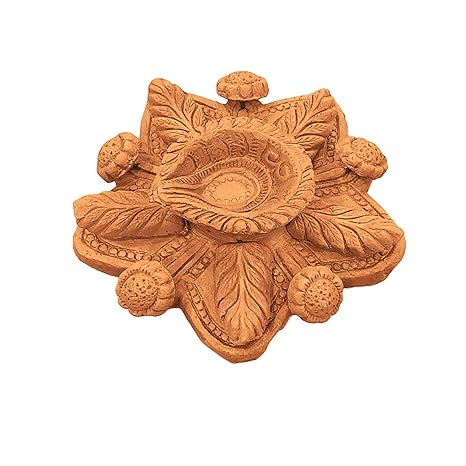 Traditional Terracotta Diya with Plate, Decorative Clay Oil Lamp with Floral Design for Diwali and Home Decoration,14 cm Diameter