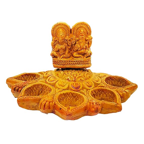 Terracotta Decorative Laxmi Ganesh Diya Thali, 5 Diyas, 7 Inches, Traditional Clay Design