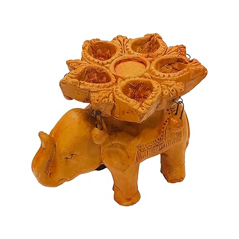  Terracotta Elephant Diya, 5 Diyas On Top, Diwali Decorative Clay Oil Lamp for Home Decoration, 15x12x11 cm