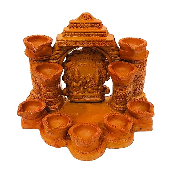 Terracotta Lakshmi Ganesh Temple with 9 Diyas, Traditional Clay Mandir/Hatri for Diwali Puja, 18 x 18 cm