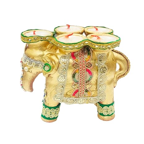 Decorative Golden Elephant Diya, Traditional Clay Oil Lamp with 5 Diyas for Diwali and Home Decoration, Hand-Painted, 7 x 7 inches (Golden- 7 Inches.)