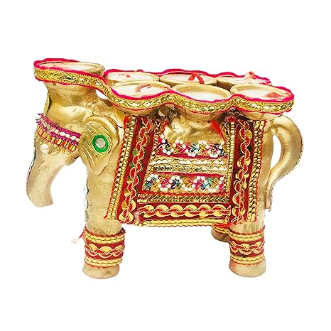 Decorative Golden Elephant Diya, Traditional Clay Oil Lamp with 7 Diyas for Diwali and Home Decoration, Hand-Painted, 8.5 x 7 inches (Golden - 8.5 Inches.)