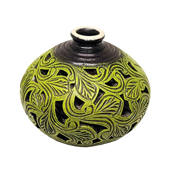 Handcrafted Dual Patterned Green Terracotta Bud Flower Vase for Table/Room D�cor