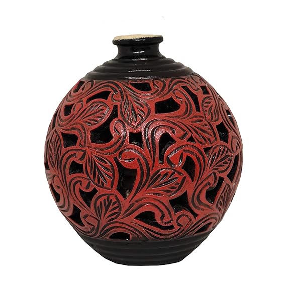 Handcrafted Dual Patterned Red Terracotta Bud Flower Vase for Table/Room D�cor