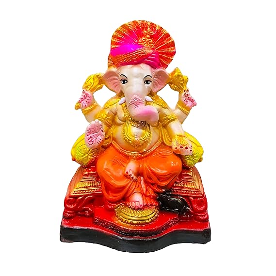 Clay Ganesha Idol for Visarjan, 28 cm / 11 Inches. Height, Traditional Handcrafted Mud Ganpati Murti, Water Soluable (Multicolor)
